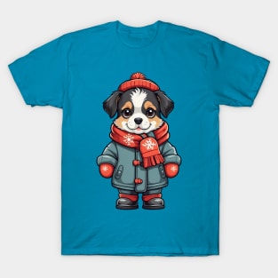 Winter Dog Sticker with Red Hat and Scarf T-Shirt